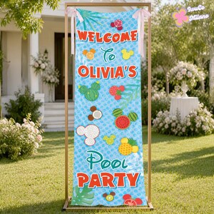 Personalized Disney Summer Beach Pool Party Welcome Banner, Mickey Mouse Family Summer Party Welcome Sign Outdoor Ceremony Backdrop Decor image 3