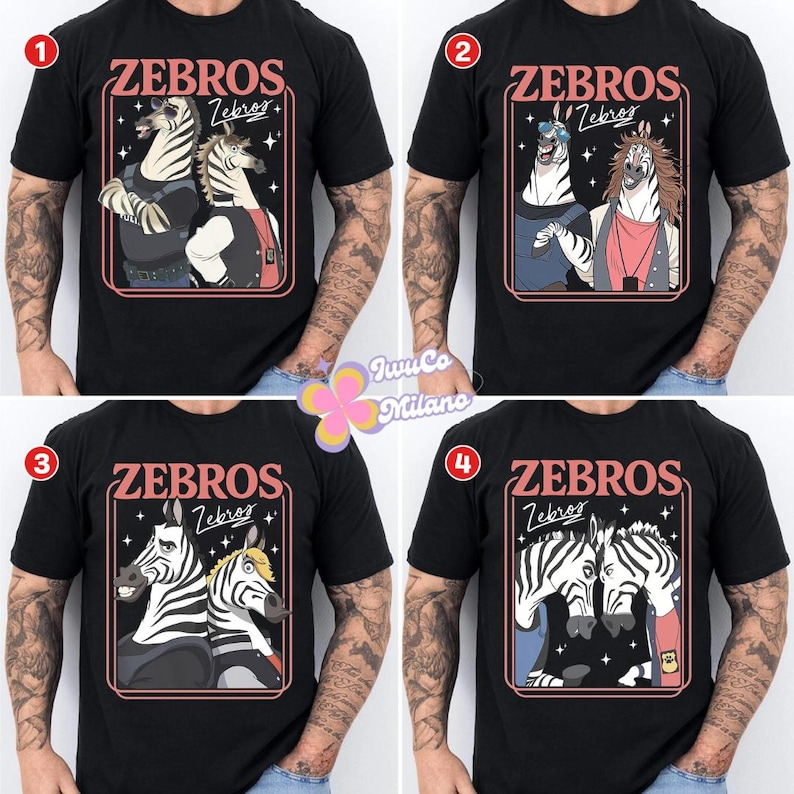 May include: Black t-shirts with the word "ZEBROS" in pink, featuring cartoon zebra illustrations in various outfits. The shirts have a retro design with a pink border and the word "Zebror+" in a smaller font.