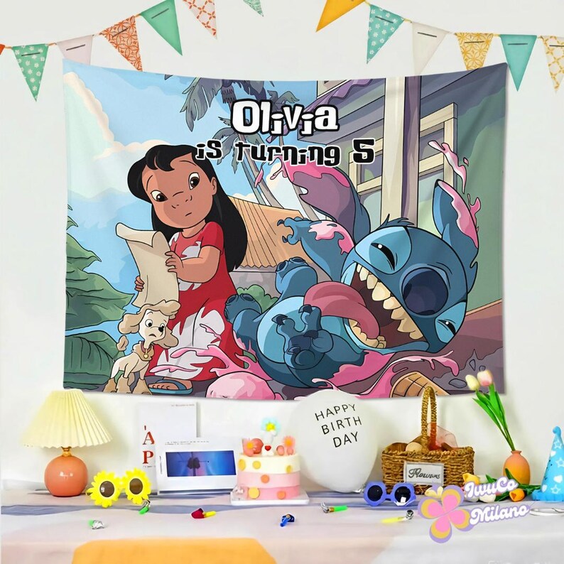 May include: A colorful tapestry featuring the characters Lilo and Stitch, with the text "Olivia is turning 5". The artwork depicts Lilo holding a scroll and Stitch with his tongue out. The background shows a tropical scene.