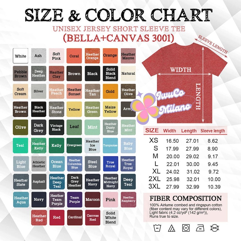 May include: A size and color chart for a unisex jersey short sleeve tee shirt. The chart displays a variety of colors, including white, black, and pink. Measurements are provided in inches for width, length, and sleeve length, ranging from XS to 3XL.