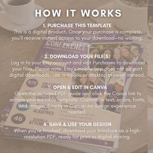 May include: A brochure with the title "Conference" and the text "How It Works". The brochure includes instructions for downloading and editing a template in Canva. The brochure also includes the text "Celebrating the brilliance of all girls".