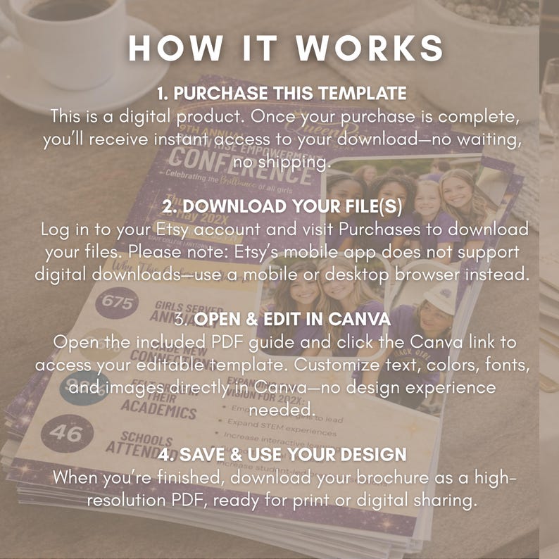 May include: A brochure with the title "Conference" and the text "How It Works". The brochure includes instructions for downloading and editing a template in Canva. The brochure also includes the text "Celebrating the brilliance of all girls".