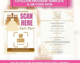 May include: A pink and white Cotillion program template with a QR code sign. The design includes text that says "Scan Here" and "Tonight's Program". The program also includes a list of names and a schedule.