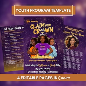 Può includere: Un modello per un programma giovanile, con un design viola e oro. L'immagine centrale promuove la 9a Conferenza annuale "Claim Your Crown" 2026 Empowerment, che celebra le ragazze nere. Include un programma della conferenza e una sezione relatore principale. Il modello ha 4 pagine modificabili.