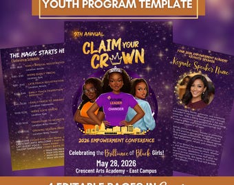 May include: A template for a youth program, featuring a purple and gold design. The central image promotes the 9th Annual "Claim Your Crown" 2026 Empowerment Conference, celebrating Black girls. Includes a conference schedule and a keynote speaker section. The template has 4 editable pages.