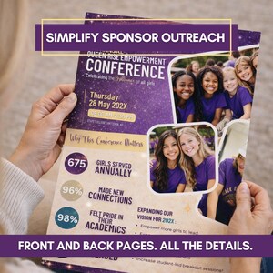 May include: A brochure for the Queen Rise Empowerment Conference, held on May 28, 202X, featuring photos of smiling girls. The brochure highlights key statistics and goals, including serving 675 girls annually and expanding the vision for 202X.