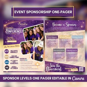 May include: A purple and gold event sponsorship one-pager for the Queen Rise Empowerment Conference. The flyer includes photos of girls, sponsor levels, and details about the conference, including the date, time, and location.
