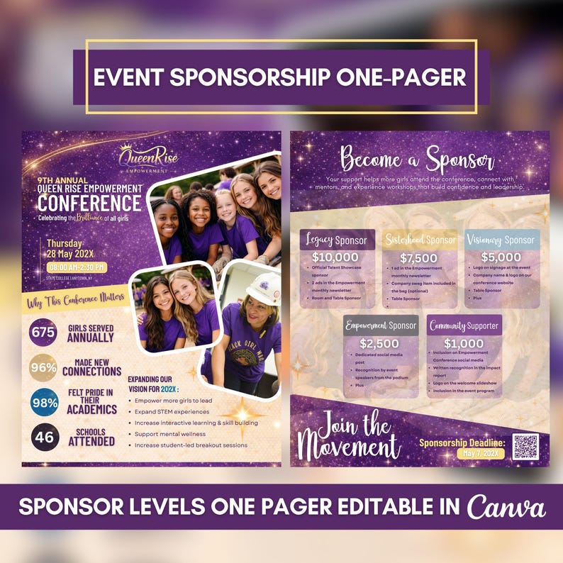 May include: A purple and gold event sponsorship one-pager for the Queen Rise Empowerment Conference. The flyer includes photos of girls, sponsor levels, and details about the conference, including the date, time, and location.