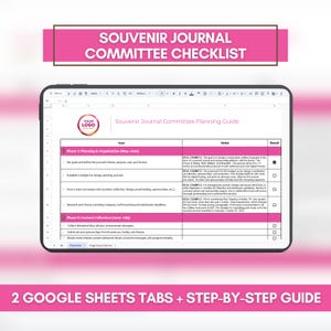 Könnte beinhalten: Ein digitales Tablet zeigt eine Checkliste des Souvenir-Journal-Ausschusses in Rosa und Weiß. Der Bildschirm zeigt einen Planungsleitfaden mit Phasen, Elementen und Notizen. Das obere Banner lautet "SOUVENIR JOURNAL COMMITTEE CHECKLIST". Das untere Banner lautet "2 GOOGLE SHEETS TABS + STEP-BY-STEP GUIDE".