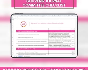 May include: A digital tablet displays a pink and white souvenir journal committee checklist. The screen shows a planning guide with phases, items, and notes. The top banner reads "SOUVENIR JOURNAL COMMITTEE CHECKLIST". The bottom banner reads "2 GOOGLE SHEETS TABS + STEP-BY-STEP GUIDE".