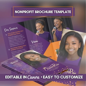 May include: A purple brochure template for nonprofits, featuring photos of young women and the text "NONPROFIT BROCHURE TEMPLATE." The brochure includes sections for services, vision, and an "About Us" section. The text "EDITABLE IN Canva • EASY TO CUSTOMIZE" is also visible.