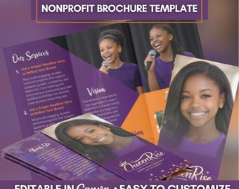May include: A purple brochure template for nonprofits, featuring photos of young women and the text "NONPROFIT BROCHURE TEMPLATE." The brochure includes sections for services, vision, and an "About Us" section. The text "EDITABLE IN Canva • EASY TO CUSTOMIZE" is also visible.