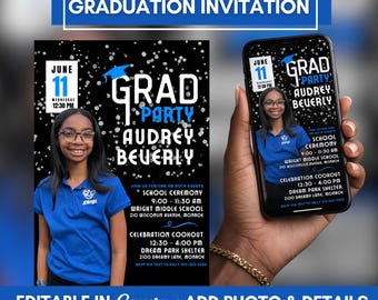 May include: A graduation invitation design featuring a photo of a person in a blue shirt, with the text "GRAD PARTY AUDREY BEUERLY" and event details. The invitation is shown on a black background and on a smartphone. The text "EDITABLE IN Canva • ADD PHOTO & DETAILS" is also included.