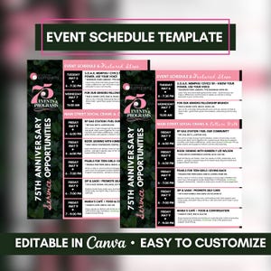 Può includere: Modello di programma eventi rosa e verde con "75th Anniversary Service Opportunities". Contiene eventi dal 6 al 9 maggio. Il design include il testo "EDITABLE IN Canva • EASY TO CUSTOMIZE".