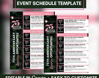 May include: Event schedule template with a pink and green color scheme. The design includes the text "75th Anniversary Service Opportunities" and event details for May 6-9. The template is editable in Canva.