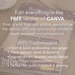 May include: A stack of purple and white sponsorship packets with text that reads "Edit everything in the FREE version of CANVA." The packets include sponsor levels and benefits, and are 100% customizable.