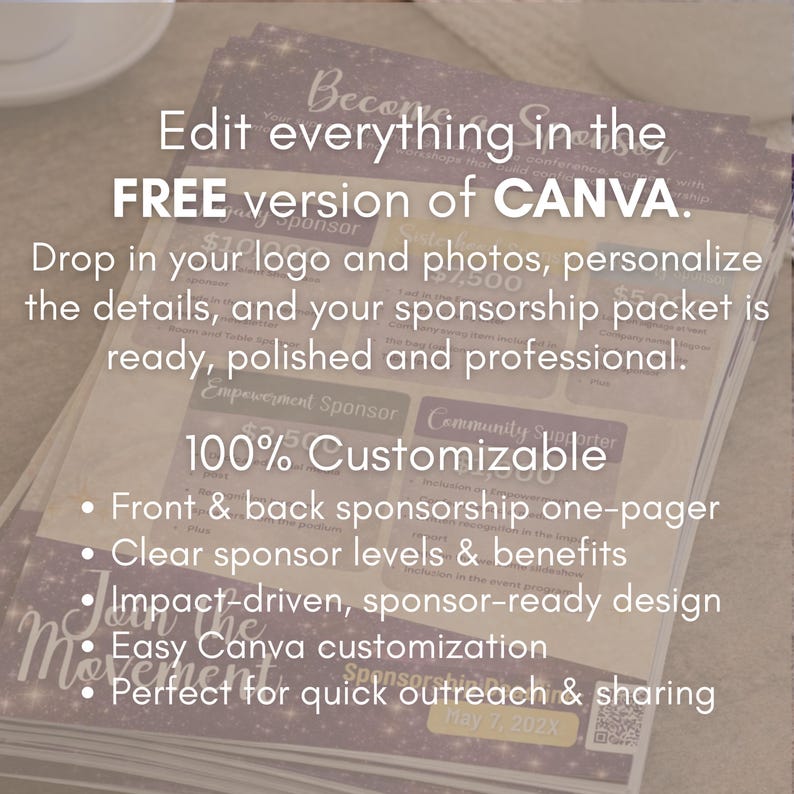 May include: A stack of purple and white sponsorship packets with text that reads "Edit everything in the FREE version of CANVA." The packets include sponsor levels and benefits, and are 100% customizable.