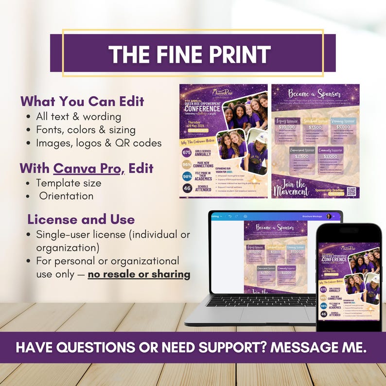 May include: A promotional graphic with the text "THE FINE PRINT" at the top. The graphic includes a laptop, smartphone, and printed materials. The text highlights editing options, Canva Pro features, and license details. The bottom text reads "HAVE QUESTIONS OR NEED SUPPORT? MESSAGE ME."