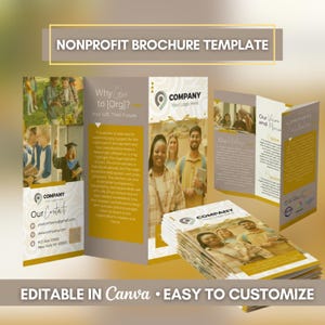 May include: A brochure template for nonprofits, featuring a trifold design with images of people and text. The brochure includes sections for company information, mission, and contact details. The text reads "NONPROFIT BROCHURE TEMPLATE" and "EDITABLE IN Canva • EASY TO CUSTOMIZE."