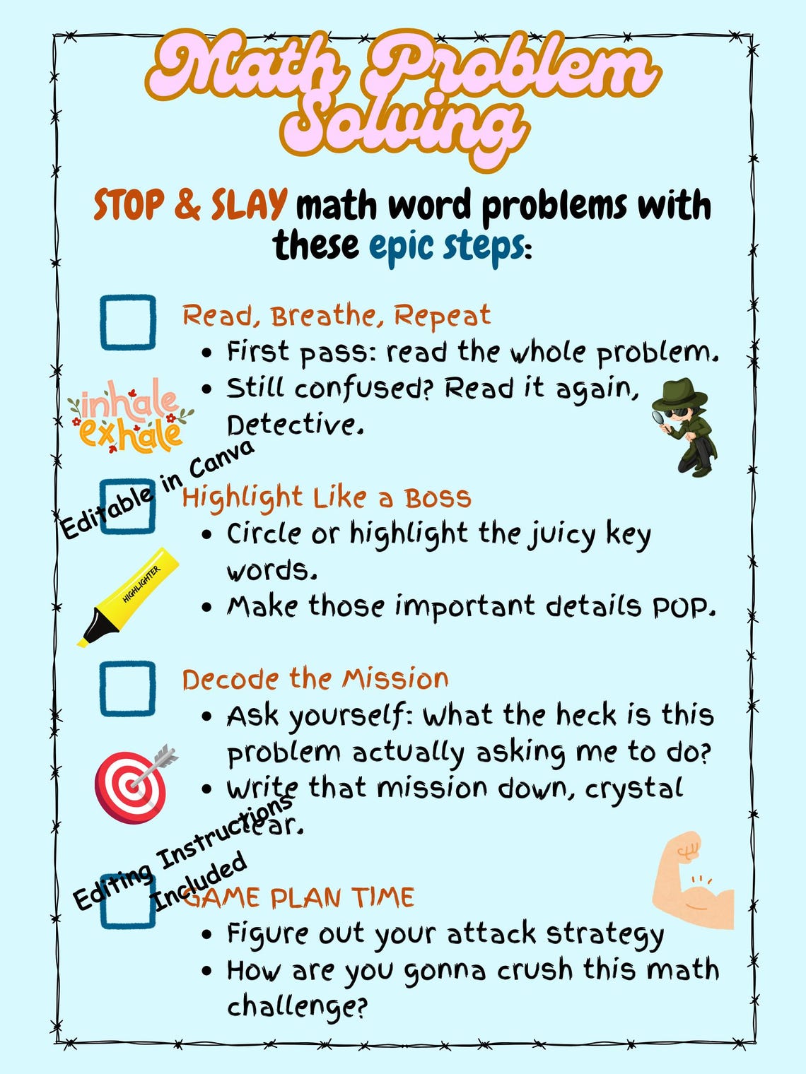 Math Problem Solving Checklist – Printable PDF & Editable Canva ...