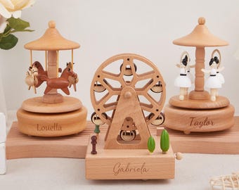 Musical Wooden Ballerina Carousel Keepsake,Engraved Name Music Box,Personalized Wooden Train Music Box,Baby Shower Gift,Newborn Gifts
