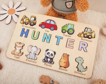 Personalized Wooden Name Puzzle for Kids,Custom Baby Gifts Name Puzzle with Numbers and Animals,Christmas Gifts For Toddlers