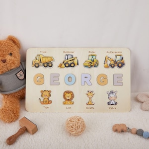 Animals Wooden Name Puzzle | Busy Board Puzzle | Toddler Toys | Baby Girl Gifts | Gift for Kids | Baby First Easter Present | Birthday Gift