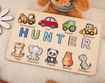 Animals Wooden Name Puzzle, Montessori Busy Board, Toddler Toys , Baby Girl Gifts, Gift for Kids, Baby First Easter Present, Birthday Gift