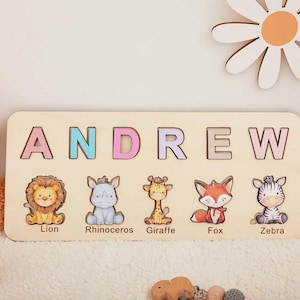 Personalized Name Puzzle with Animals, Montessori Toys, Toddler Toys , Gift for Kids, Baby First Easter Present, Wooden Sensory Toys