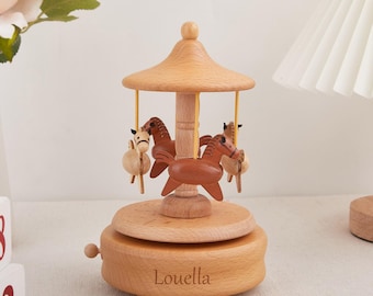 Personalized Wooden Train Music Box,Musical Wooden Ballerina Carousel Keepsake, Engraved Name Music Box, Baby/Kids Memorial Birthday Gift