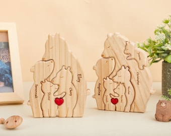 Personligt pussel för efternamn, träpussel med björn, minnespresent till föräldrar, present till mamma, djurfamilj, jubileumspresent