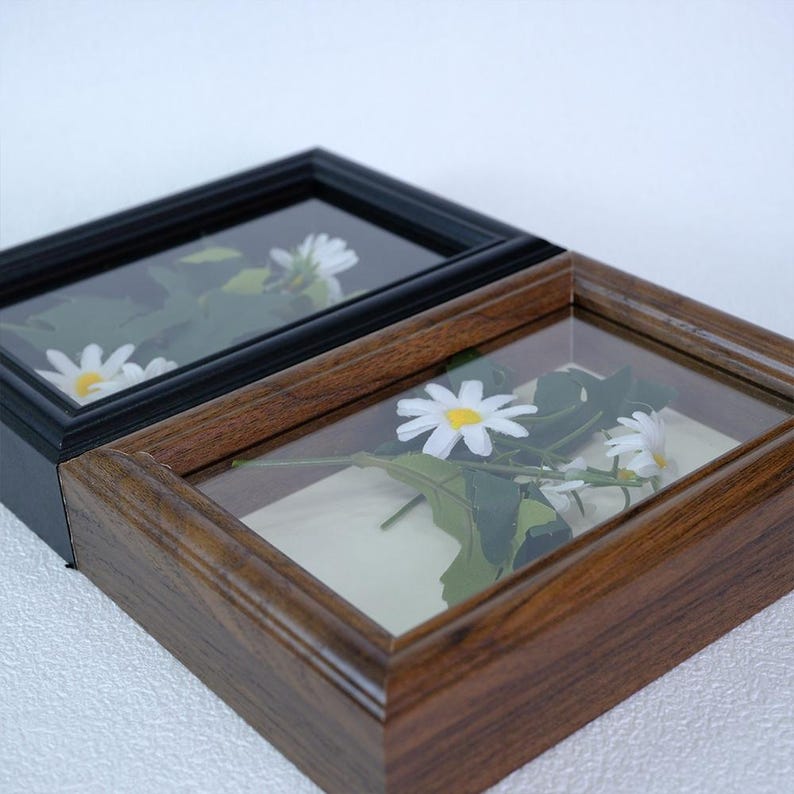 May include: Two framed pressed flower displays. One frame is black, the other is brown. Each frame contains white daisies with yellow centers and green leaves, set against a neutral background. The frames are rectangular with glass fronts.