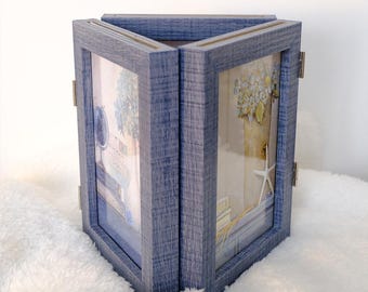 Rustic Blue Wood Photo Frame: Double-Sided Hinged 6-Photo Display