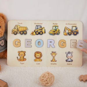 Animals Wooden Name Puzzle,Montessori Busy Board , 1st Birthday Baby Boy Gifts, Puzzle Sensory Wooden Toys, First Christmas Gift for Kids