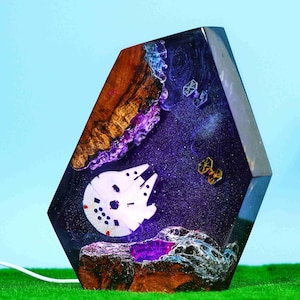 Galaxy Resin Lamp: Wood & Epoxy Space Night Light - USB Powered