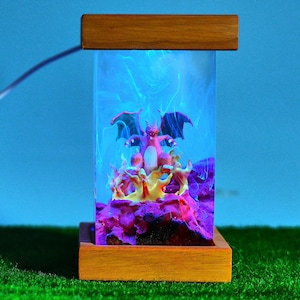 Custom Fire Ch/ar/i/z/ard Resin Lamp – Handmade Epoxy Diorama Night Light, Personalized Gift for Christmas or Birthday