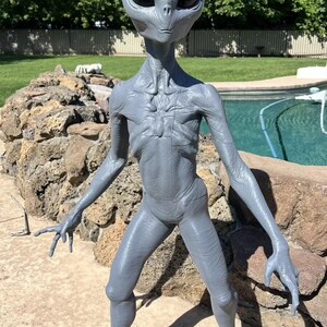 May include: A gray alien figurine with large eyes and a detailed, textured surface. The figurine is standing with its arms outstretched and legs slightly bent.