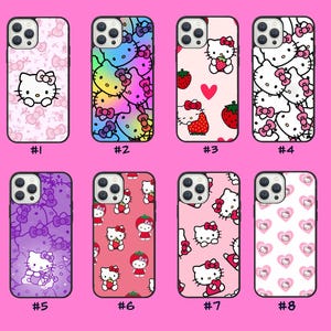 Może przedstawiać: Osiem r&oacute;żnych etui na telefon z r&oacute;żnymi wzorami z Hello Kitty. Wzory obejmują wz&oacute;r Hello Kitty w kolorze r&oacute;żowym i białym, wz&oacute;r Hello Kitty w tęczy, wz&oacute;r truskawkowy w kolorze czerwonym i białym, wz&oacute;r Hello Kitty w kolorze białym, wz&oacute;r Hello Kitty w kolorze fioletowym, wz&oacute;r Hello Kitty w kolorze r&oacute;żowym z truskawkami, wz&oacute;r Hello Kitty w kolorze r&oacute;żowym z sercami i wz&oacute;r Hello Kitty w kolorze białym z sercami.