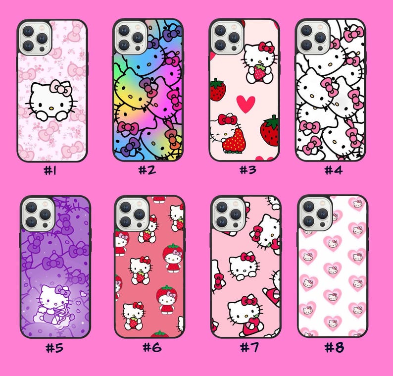 Może przedstawiać: Osiem r&oacute;żnych etui na telefon z r&oacute;żnymi wzorami z Hello Kitty. Wzory obejmują wz&oacute;r Hello Kitty w kolorze r&oacute;żowym i białym, wz&oacute;r Hello Kitty w tęczy, wz&oacute;r truskawkowy w kolorze czerwonym i białym, wz&oacute;r Hello Kitty w kolorze białym, wz&oacute;r Hello Kitty w kolorze fioletowym, wz&oacute;r Hello Kitty w kolorze r&oacute;żowym z truskawkami, wz&oacute;r Hello Kitty w kolorze r&oacute;żowym z sercami i wz&oacute;r Hello Kitty w kolorze białym z sercami.