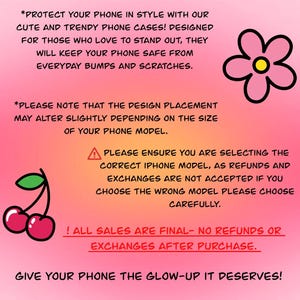 May include: Pink background with text promoting phone cases. The text says the cases are cute and trendy, designed to protect phones from bumps and scratches. Includes a flower and cherry graphic.