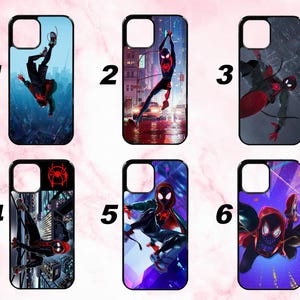 May include: Set of six phone cases featuring the Spider-Man character in various action poses. Each case has a black border and a different background, including cityscapes and dynamic scenes. The cases are designed for a smartphone.