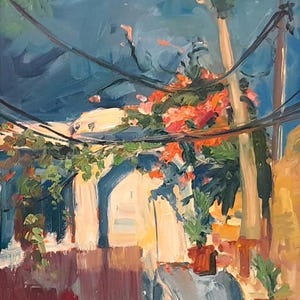 Small courtyard in Jaffa. Original oil painting. Interior art on canvas. Impressionist landscape. By Israel artist Valentina Stolbun.