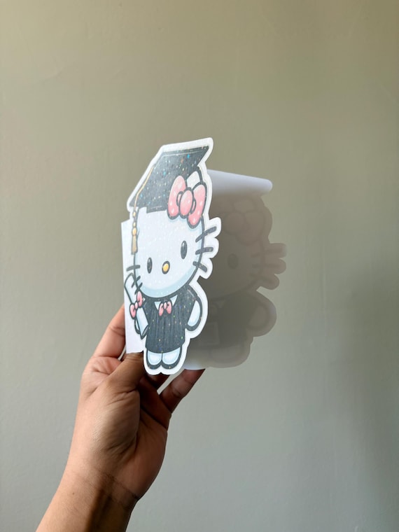 hello kitty grad card 5x7 Hello Kitty Cat Graduation and Birthday Card Pink, Purple Greeting Card for Her Hello Kawaii Style Handmade Blank Inside with Envelope