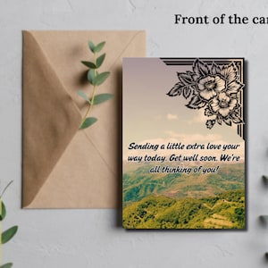 Biglietto digitale di pronta guarigione, design stampabile con montagne panoramiche, regalo di incoraggiamento fai da te per inviare amore extra, biglietto di supporto scaricabile immediatamente