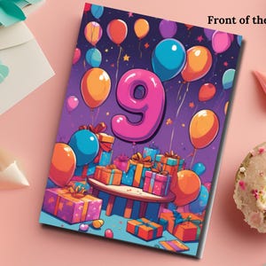 Carte numérique joyeux 9e anniversaire, carte imprimable neuvième anniversaire pour garçon ou fille, cadeau DIY avec ballon violet et cadeaux, téléchargement immédiat