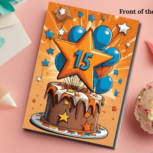 Digitale verjaardagskaart gelukkige 15e verjaardag, kleurrijke afdrukbare sterballon en taartontwerp, doe-het-zelf tienercadeau, verjaardagskaart instant download