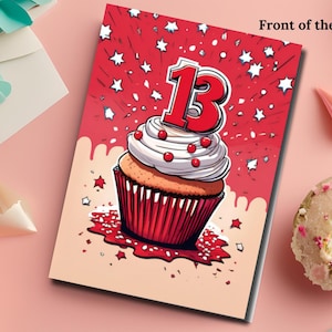 Carte numérique joyeux 13e anniversaire, petit gâteau imprimable coloré et étoiles, cadeau de fête bricolage pour ados, carte d'anniversaire à téléchargement immédiat