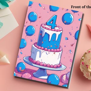 Digitale kaart gelukkige 4e verjaardag, afdrukbare vierde verjaardagskaart voor jongen of meisje, doe-het-zelfcadeau met kleurrijk cakeontwerp, instant downloadbestand