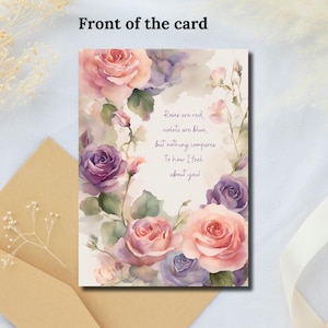 Biglietto digitale di ringraziamento floreale, poesia stampabile "Le rose sono rosse", regalo fai da te per ringraziare o pensare a te, design per biglietti di auguri con download immediato