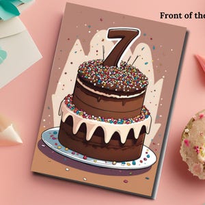 Happy 7th Birthday Digital Card, Printable Seventh Birthday Card for Boy or Girl, DIY Gift with Chocolate Cake Design, Instant Download File